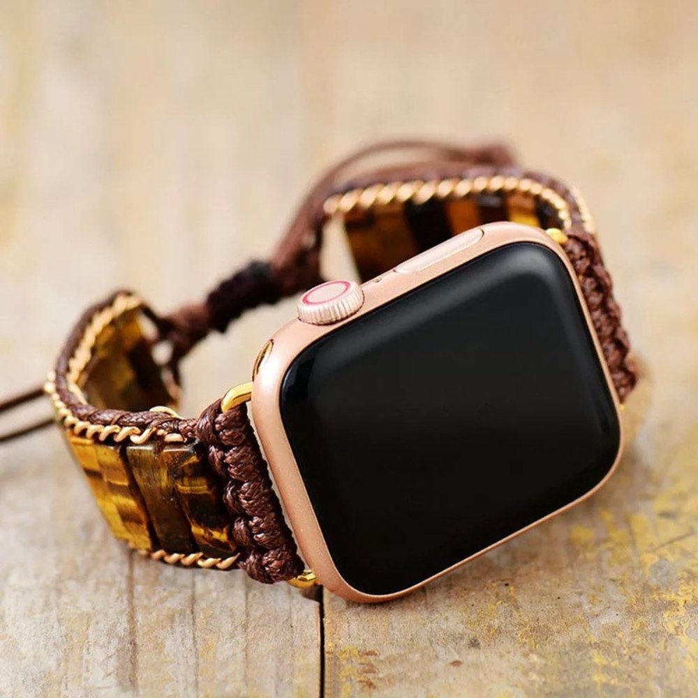 Natural Tiger's Eye Stone Tube Braided Strap Watch Band for 38 40mm Apple iWatch